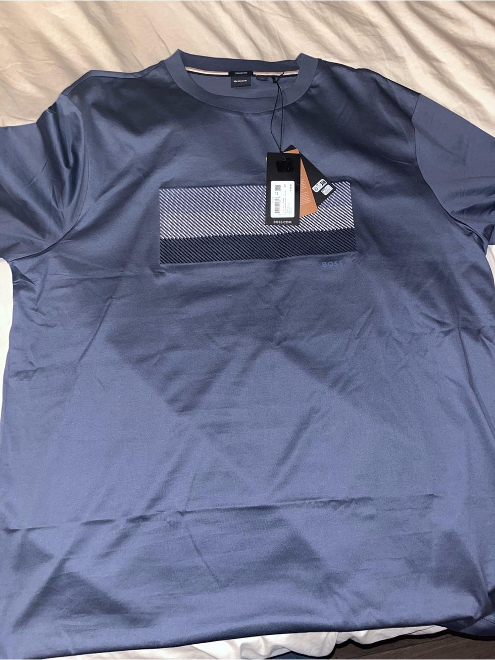 BOSS Navy Short-Sleeve Crewneck with Diagonal Stripe Panel